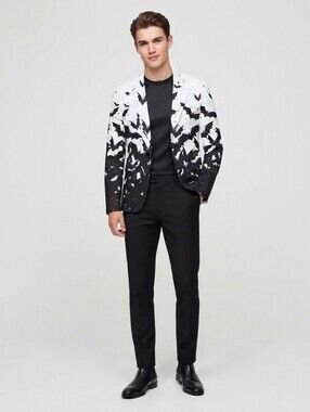 NWOT Men's Black & White Halloween Bat Print Blazer Size M